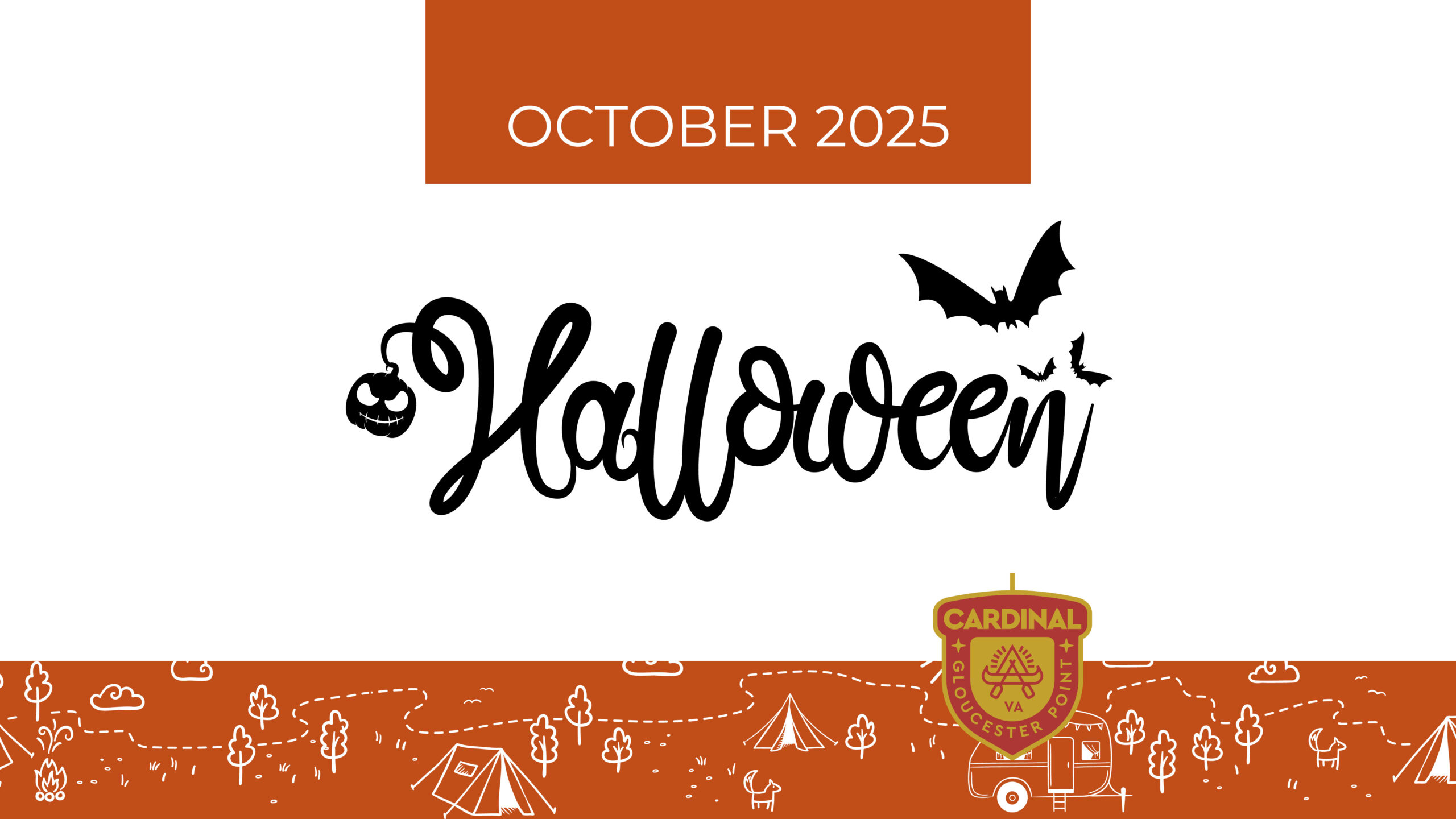 October 2025 Halloween celebration at Camp Cardinal RV Resort. Haunted trails, pumpkin decorating, and spooky festivities for all ages.