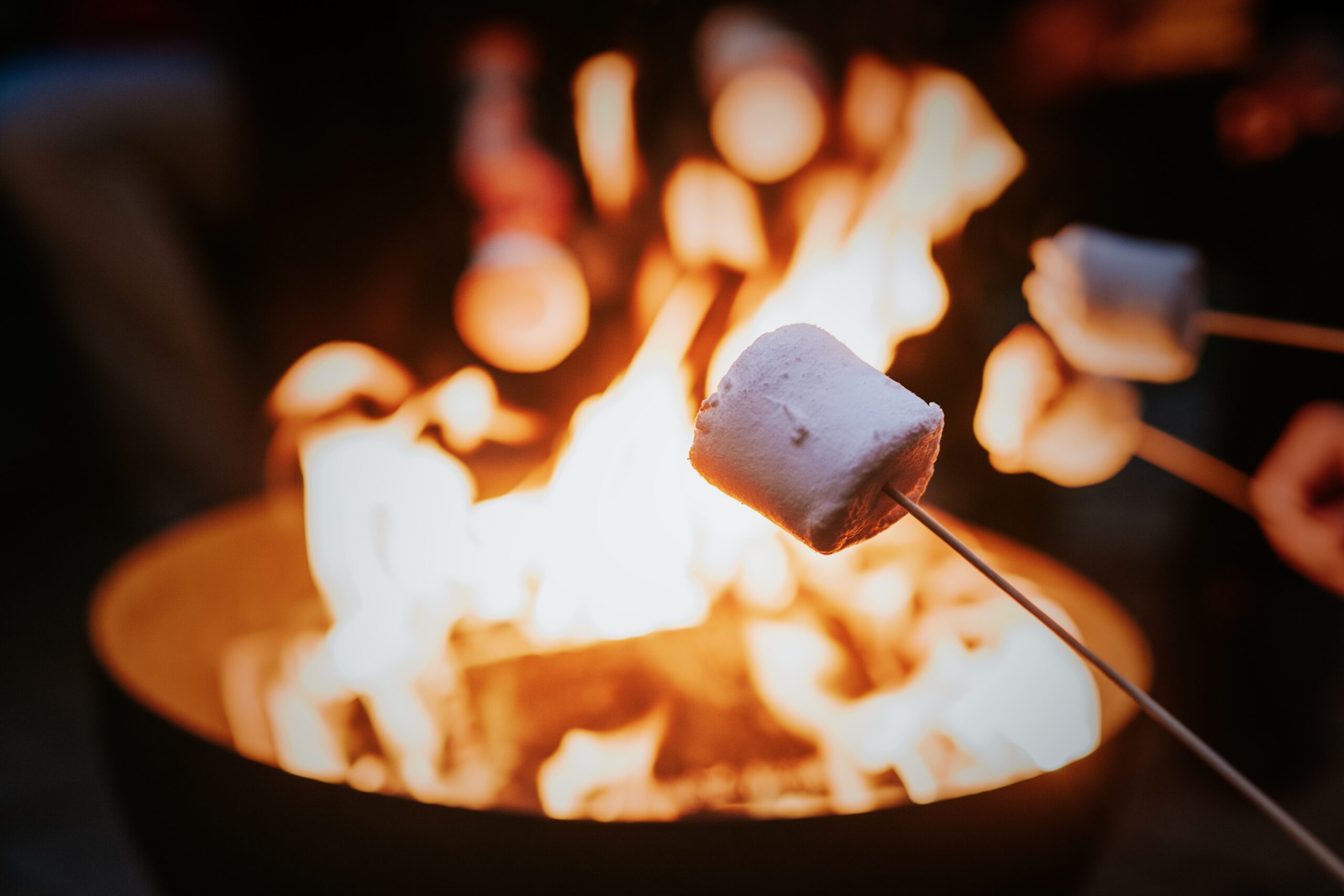 Close-up of marshmallows roasting over a crackling campfire, perfect for making s’mores at Camp Cardinal RV Resort.