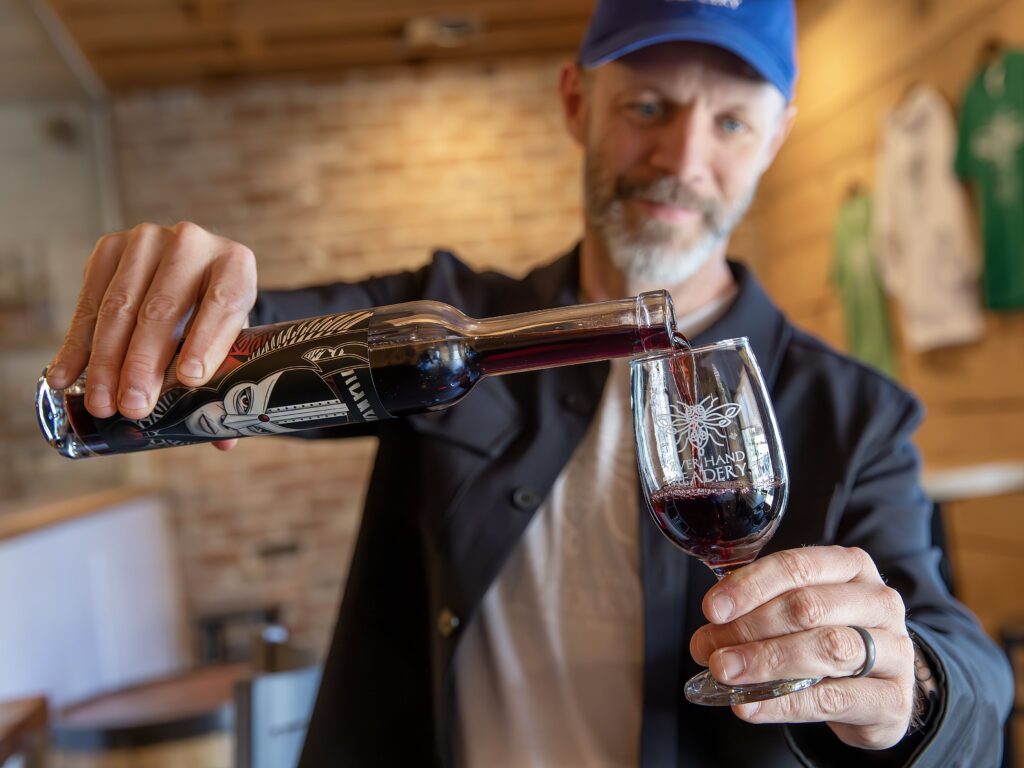 Glenn Lavender pours a glass of mead at Silver Hand Meadery.