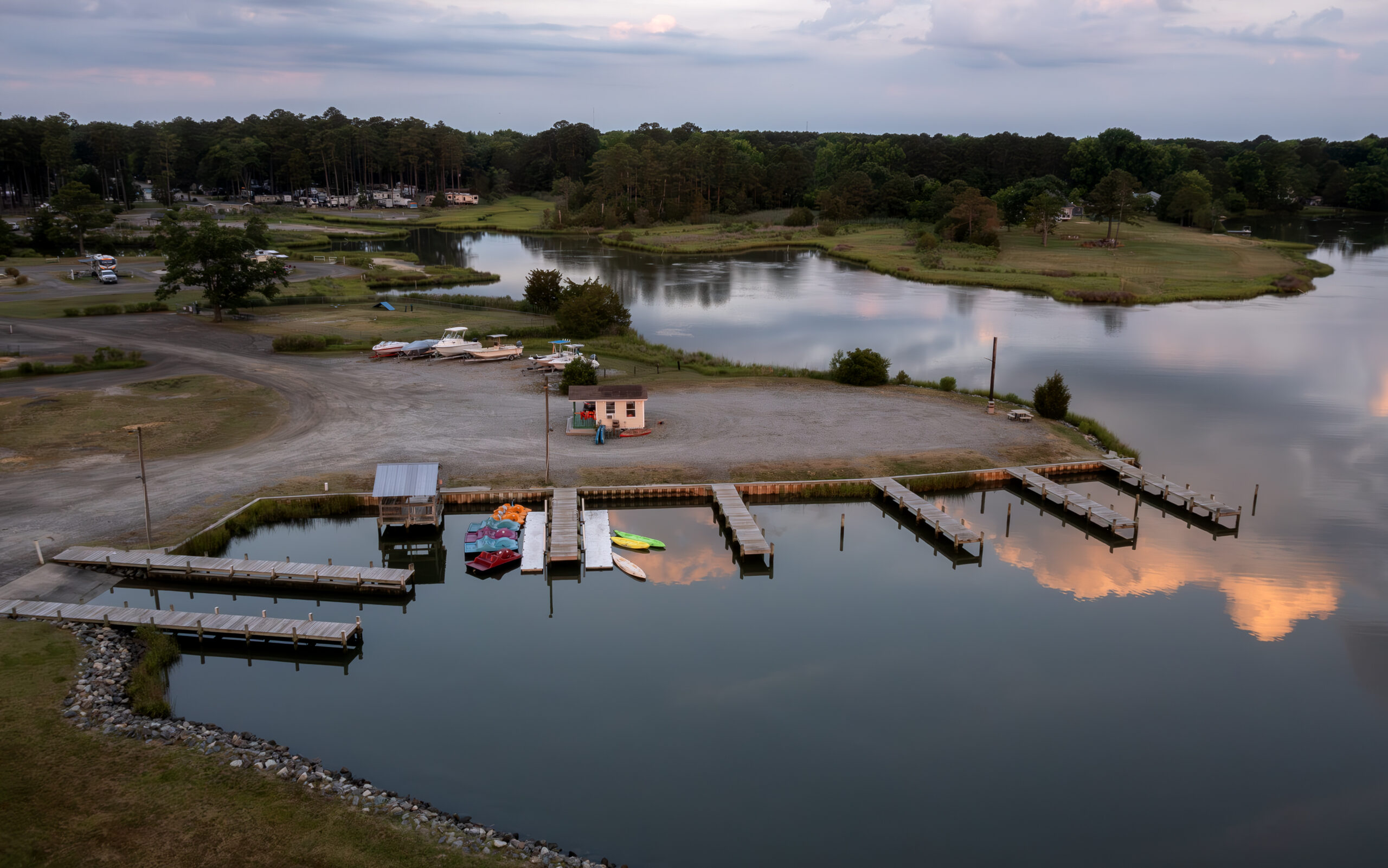 Aerial view of docks and rental boats on the Severn River